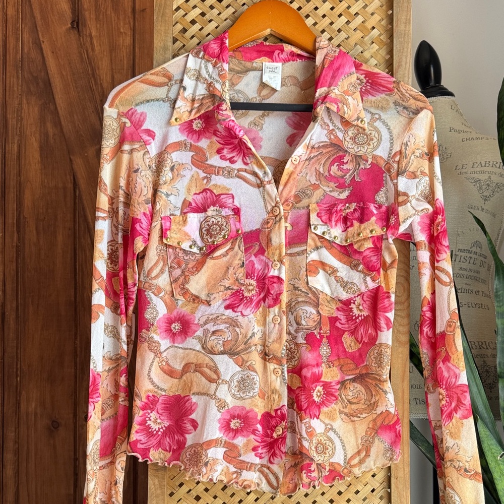 Sweet Pea Pink and Orange Floral Blouse
